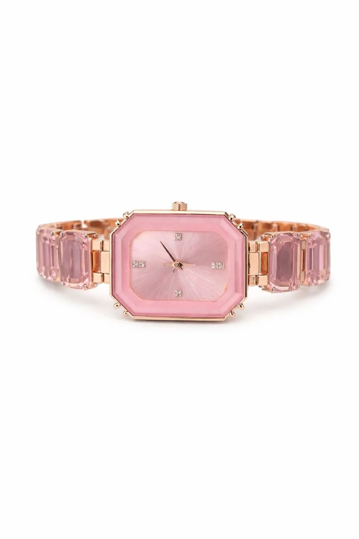 Kadın Kol Saati Taşlı Bileklik Kombin Pembe Gold Şık