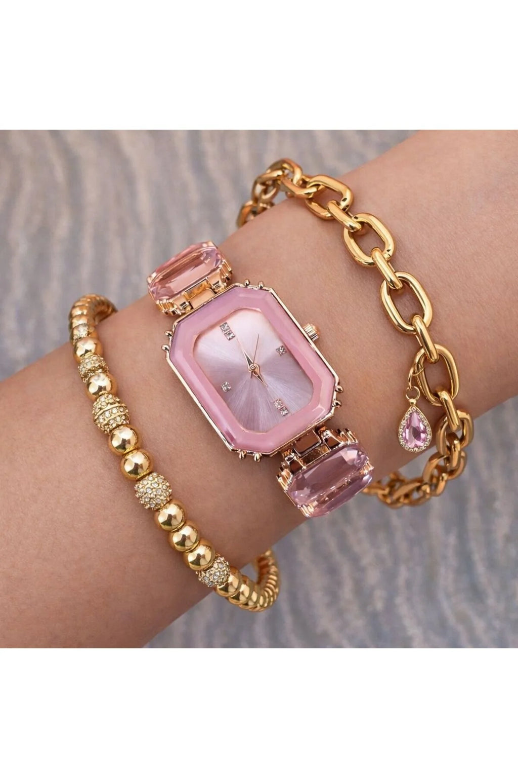 Kadın Kol Saati Taşlı Bileklik Kombin Pembe Gold Şık